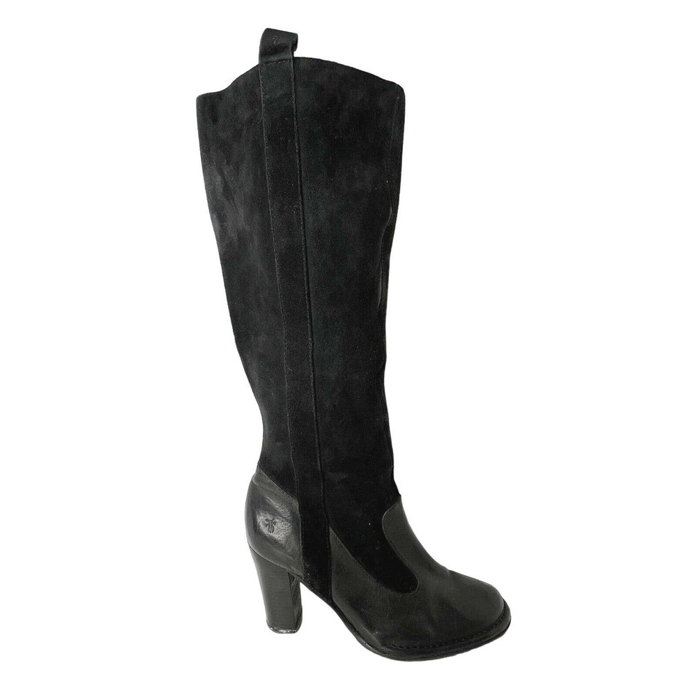 Frye 10 Black Villager Pull On Leather Boots Tall Heeled Classic